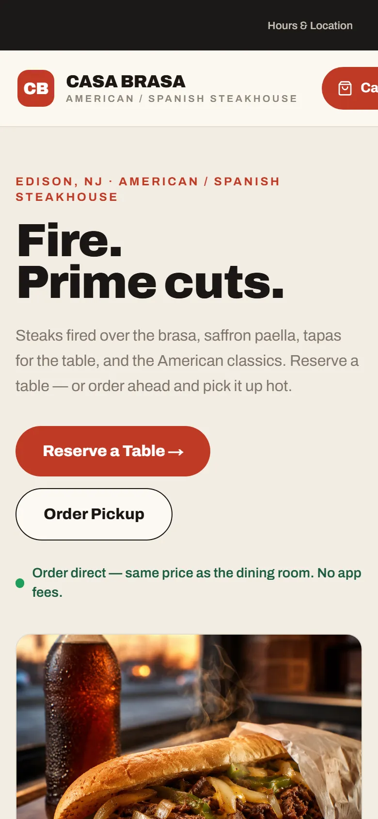 Casa Brasa ordering site on a phone — steakhouse homepage with menu and order-ahead