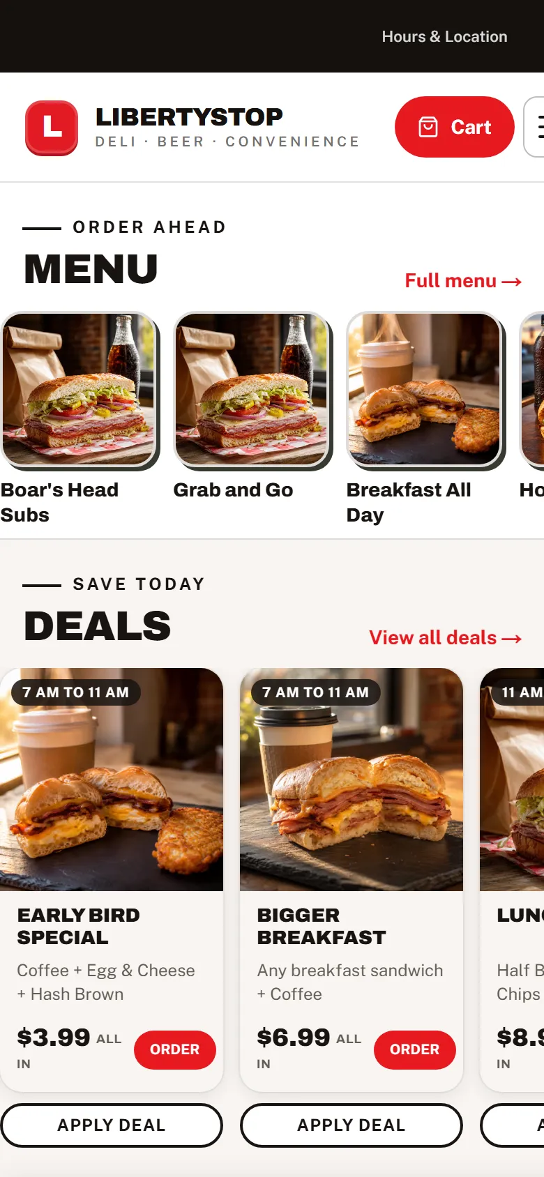 Liberty Stop deli ordering site on a phone